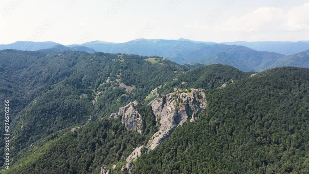 Aerial view of rocks near Karadzhov Kamak (Karadzhov Stone), Rhodope Mountains, Bulgaria Aerial view of rocks near Karadzhov Kamak (Karadzhov Stone), Rhodope Mountains, Bulgaria
