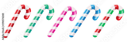Christmas candy canes set isolated on white background. Xmas Stripped cartoon lolipops collection. Vector candy cane