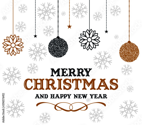 Merry Christmas and Happy New Year lettering template. Greeting card invitation with golden snowflakes