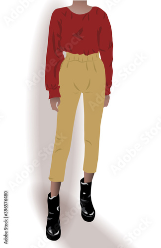 Girl dressed in black shoes, yellow pants and red blouse posing