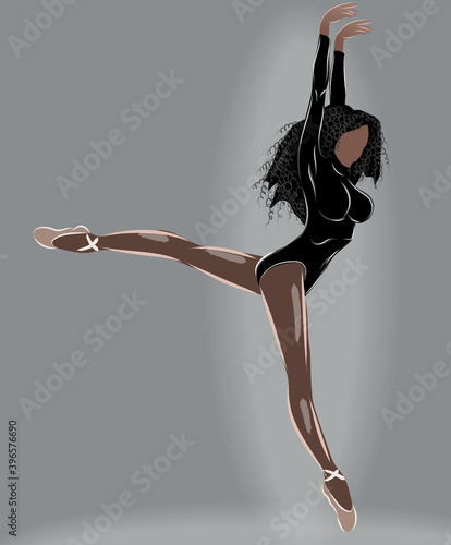 Black haired tanned ballerina in leotard and beige ballet slippers doing a split mid air