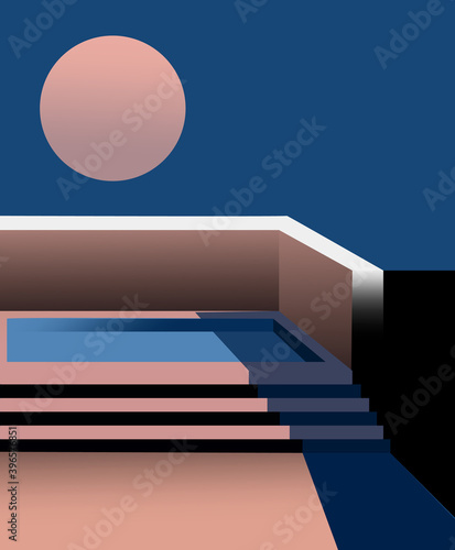 Composition of a pool on the roof top with full moon in the sky