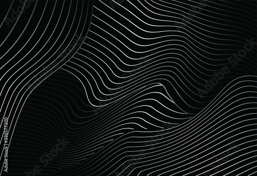 abstract black background with diagonal wave lines, Gradient vector retro line pattern design. Monochrome graphic.