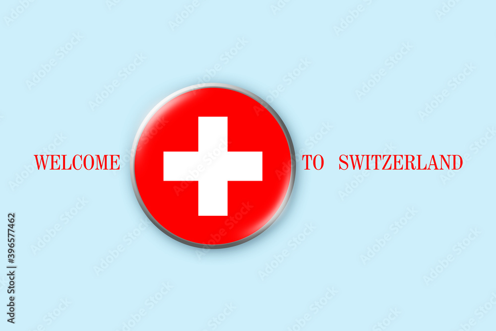 Round badge with flag Of Switzerland on a blue background. 3D illustration. Welcome to Switzerland. Travel. B Round badge with flag Of Switzerland on a blue background. 3D illustration. Welcome to Switzerland. Travel. B