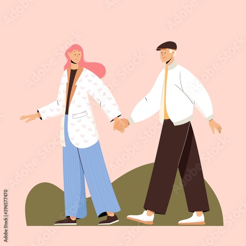 Young couple on a date walking and holding hands. Vector illustration in flat style