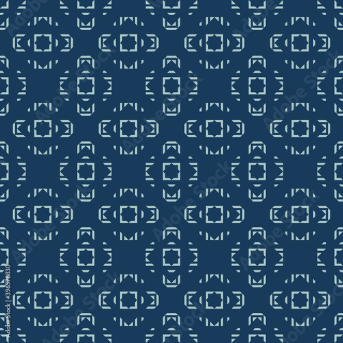 Vector geometric ornamental seamless pattern. Ethnic tribal ornament. Abstract texture with squares, triangles, rhombuses, geo shapes. Folk style repeat geometrical background. Navy and blue color