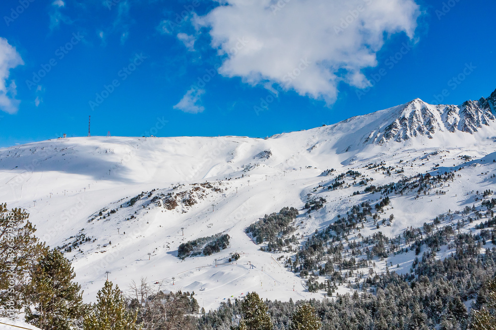 Fototapeta premium Ski resort GrandVallira. Views of the Pyrenees mountains. Rest with the whole family and friends. Andorra