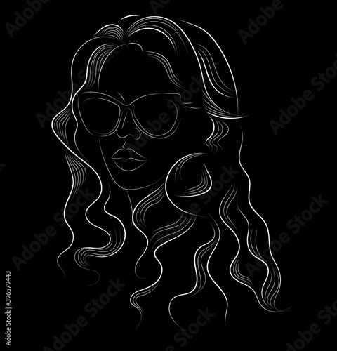 Line art of a long haired woman with sunglasses and a serious facial expression