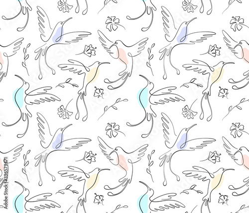 Black one line seamless pattern on white. Hummingbird birds fly over flowers in sketch style and pastel spots. For textiles, wrapping paper and web