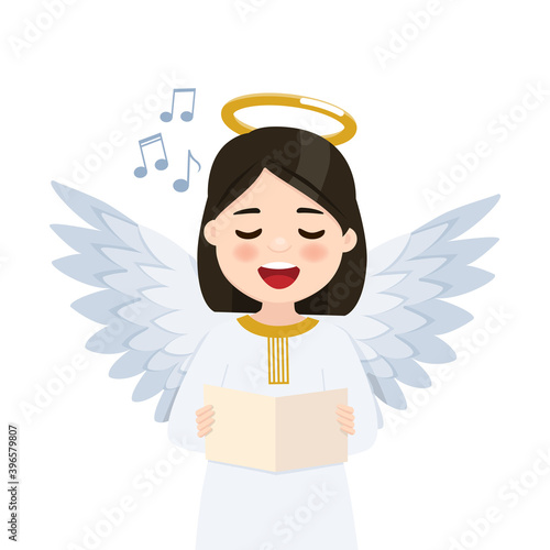 Foreground angel singing on wihte background. Isolated vector illustration