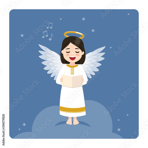 Angel singing on blue sky and stars background. Vector illustration