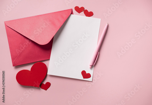 Valentines Day love letter, mock up. flat lay