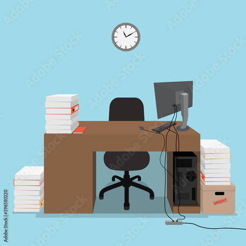 Employee workplace in the office. Table, chair, computer, wall clock and stacks of documents. A lot of work. Objects on a light blue background. Vector illustration.