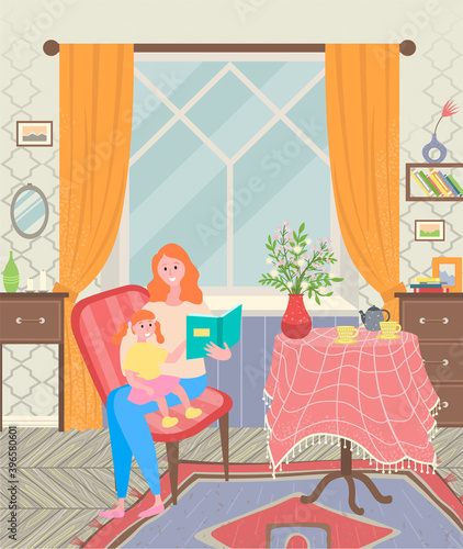 Mother and daughter sitting on chair and reading book in living room. Furniture like table and chest. Kettle, cups and vase with flowers on tablecloth. Vector illustration in flat style