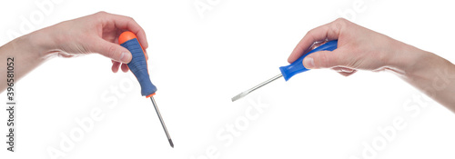 Male hand holding screwdriver isolated on white background.