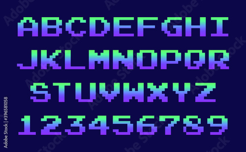 Arcade game pixel alphabet stereoscopic font and numbers.Stereo alphabet.Vector Illustration.Dark purple space background.