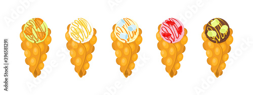 Set of Hong Kong waffles on a white background. Collection of bubble waffles in a classic cone with different tastes. Hong Kong waffles with ice cream balls.