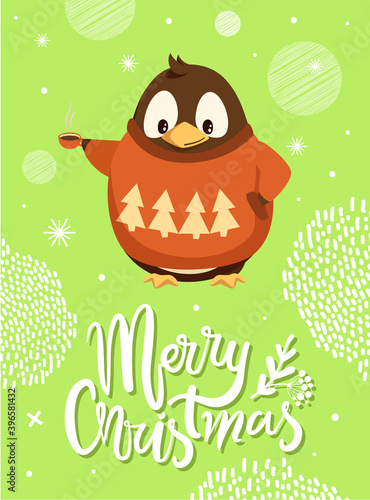 Merry Christmas card, penguin in knitted sweater with coffee or tea cup. Dressed Arctic bird and snowflakes, greeting postcard, winter holiday vector.