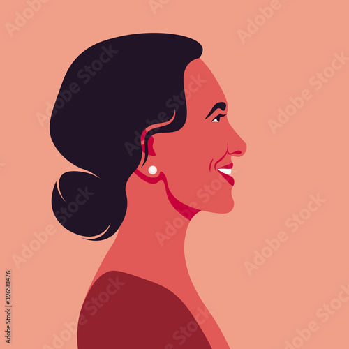 Profile of a middle-aged Latin American woman. A happy person. Side view. Avatar for social network. Vector flat Illustration