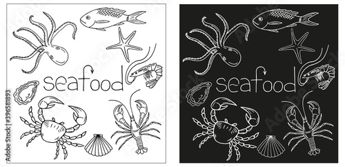 Set of sea food objects: shrimp, sea star, fish, octopus, oyster, crab, shell. Sea food lettering. Outlined vector illustartion. Hand drawn design.