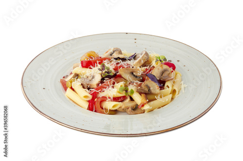 Penne pasta with mushrooms isolated on white