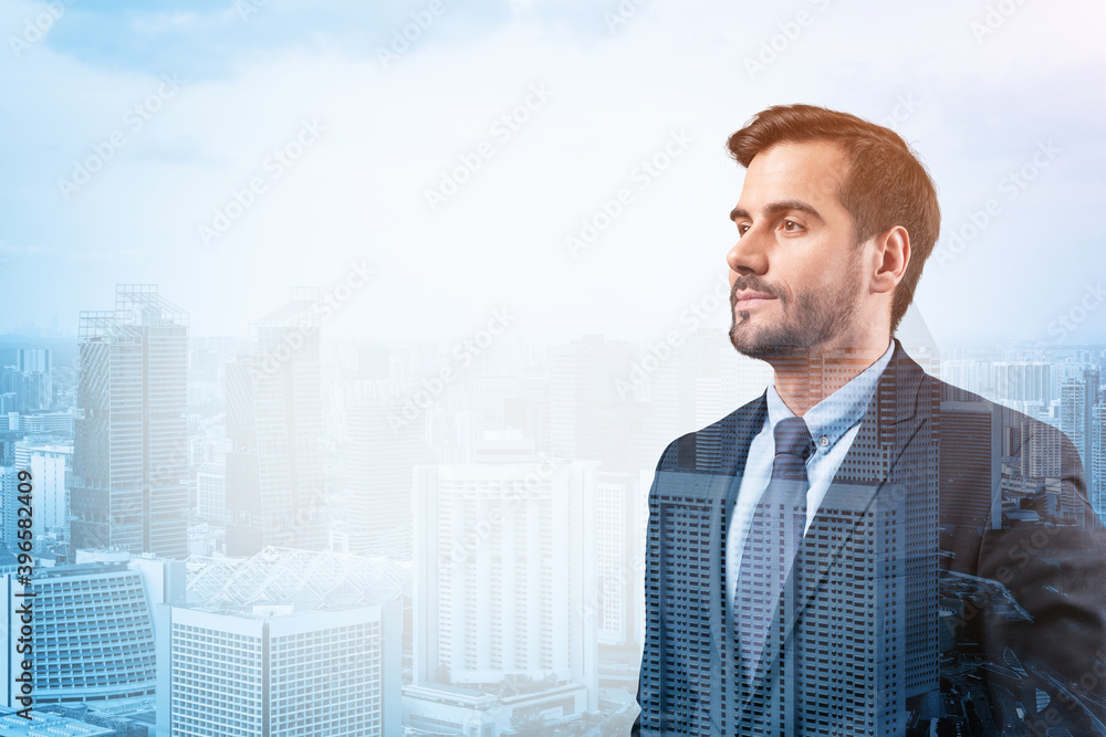 Young handsome businessman in suit thinking how to succeed, new career opportunities, MBA. Singapore on background. Double exposure. Young handsome businessman in suit thinking how to succeed, new career opportunities, MBA. Singapore on background. Double exposure.