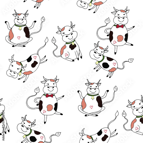 Cow, bull, calf in different poses with a bell. Seamless pattern. Vector illustration.