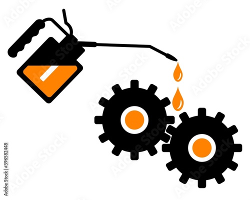 Hand lubricating gears with gear oil. Repair Of Equipment. Vector illustration.