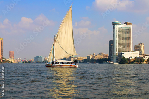 A boat with a sail sails on the Nile River overlooking the panoramas of Cairo