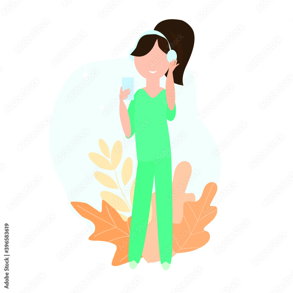 Girl in headphones with a gadget in hand. Call center and Support service and concept illustration. Vector illustration. Girl in headphones with a gadget in hand. Call center and Support service and concept illustration. Vector illustration.