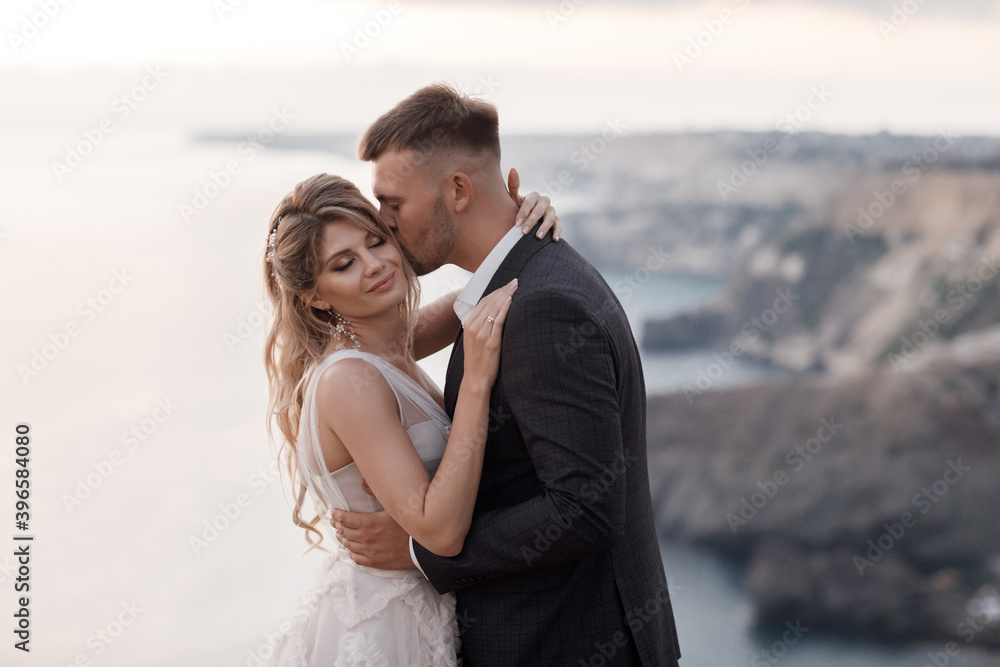happy bride in luxury dress and groom, wedding love emotions, fashion style