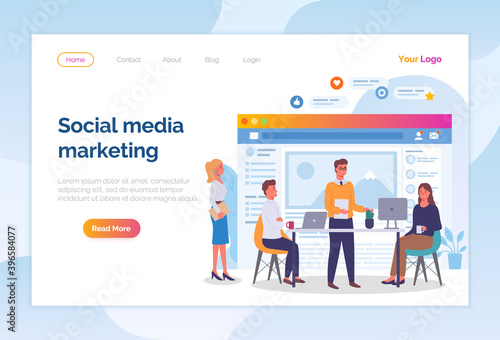 Landing page of business website. Social media marketing. Social network development. Team of workers increase popularity of social website. Marketologists working with computers, flat style