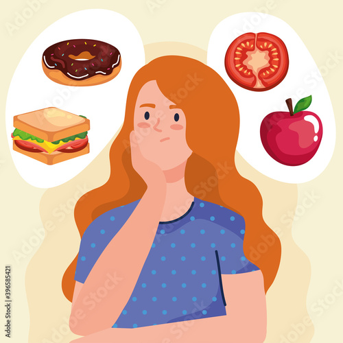 woman thinking about fast food design, unhealthy eat and restaurant theme Vector illustration