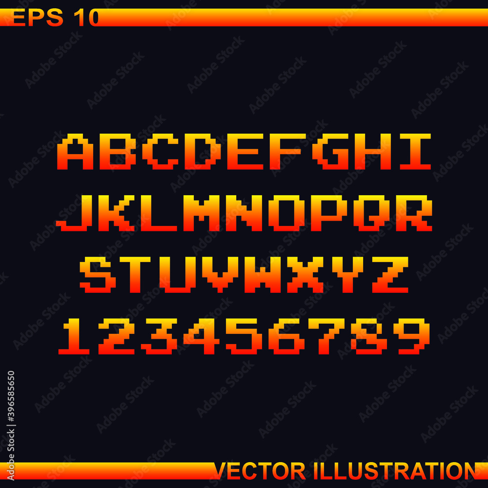 Arcade game pixel alphabet font and numbers.Pixel alphabet.Vector Illustration.Dark purple background.