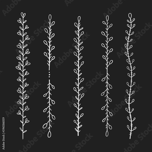 A set of delimiter lines for text decoration. Design elements in doodle style. Natural style, branches, plants. White chalk outline on a black background.