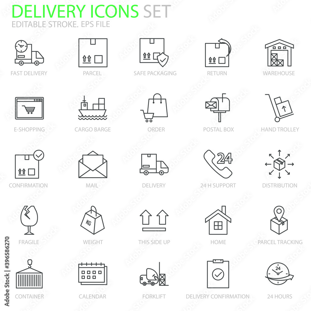 Delivery editable stroke icons set for your website, logo, app, UI, product print. Delivery concept flat Silhouette vector illustration icons set.
