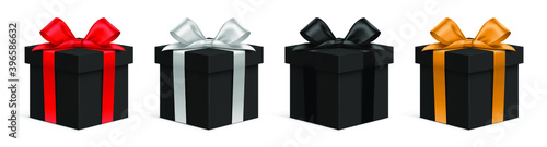 Vector gift box set. Realistic gift boxes, with red, white, black, and golden satin bows. Square form giftbox, in front view, isolated on white. Holiday present box, tied with wrapping ribbon.