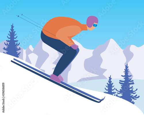 Skier going downhill skiing as extreme sport concept, flat vector stock illustration with sportsman in winter in mountains