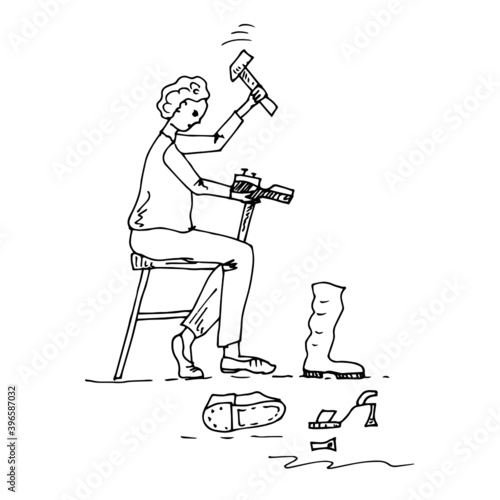 A shoemaker repairs shoes. Vector illustration. Sketch.