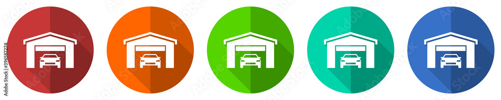 Car in a garage vector icon set, red, blue, green and orange flat design web buttons isolated on white, vector illustration Car in a garage vector icon set, red, blue, green and orange flat design web buttons isolated on white, vector illustration