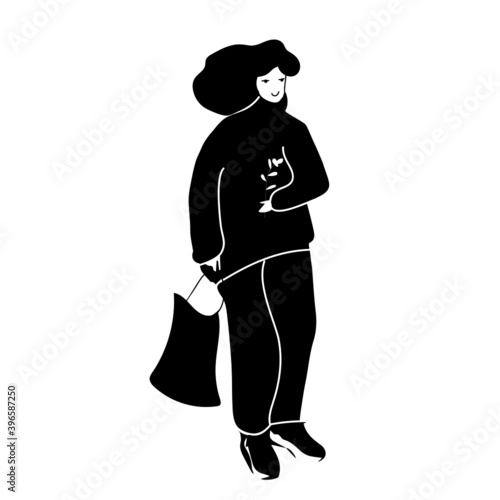 Silhouette of a woman with a bag. Vector illustration.