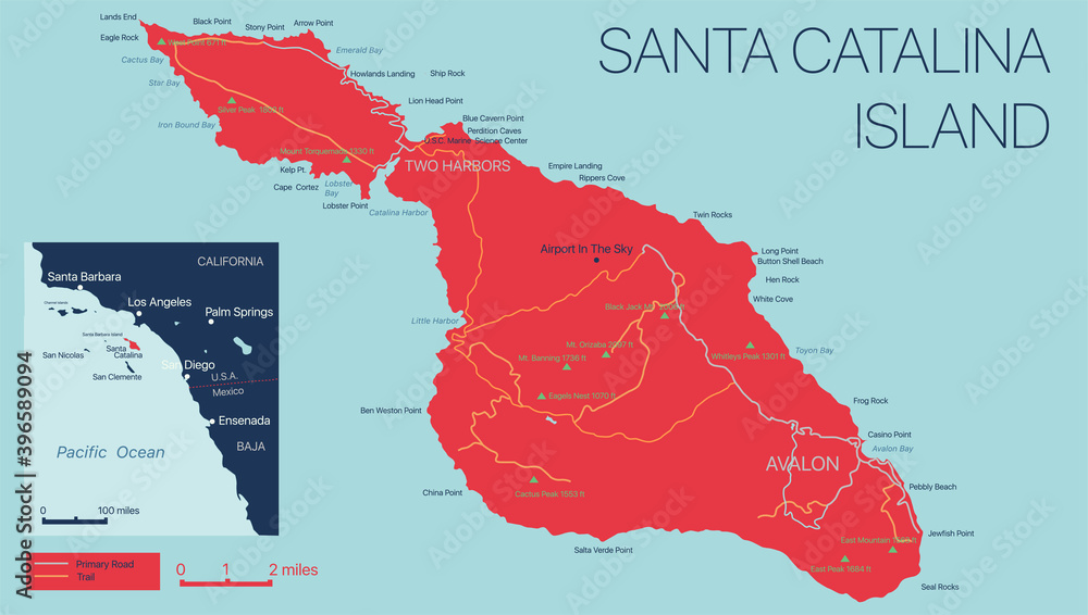 Vector detailed map of Santa Catalina Island, California, USA. Editable map with with cities and towns, geographic sites, roads, railways. Vector EPS-10 file, trending color scheme - obrazy, fototapety, plakaty 