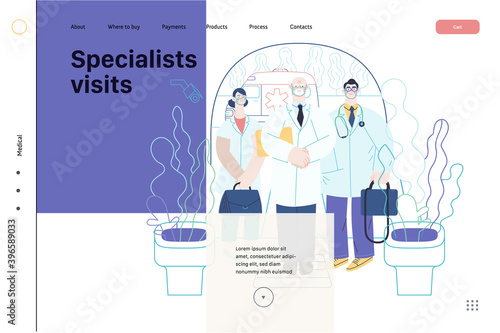 Medical insurance -specialists visit -modern flat vector concept digital illustration - medical specialists standing at the private residence entrance door Home medical service, part of insurance plan