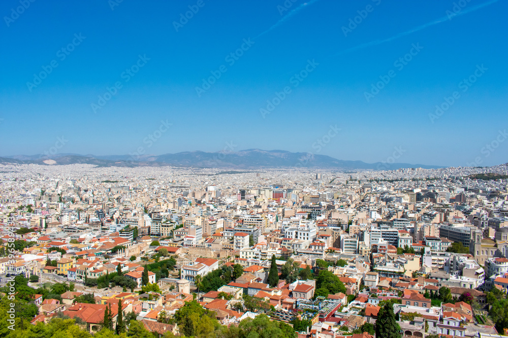 Athens, Greece : Aerial view of City Center and buildings from Acropolis, High angle view of Town
