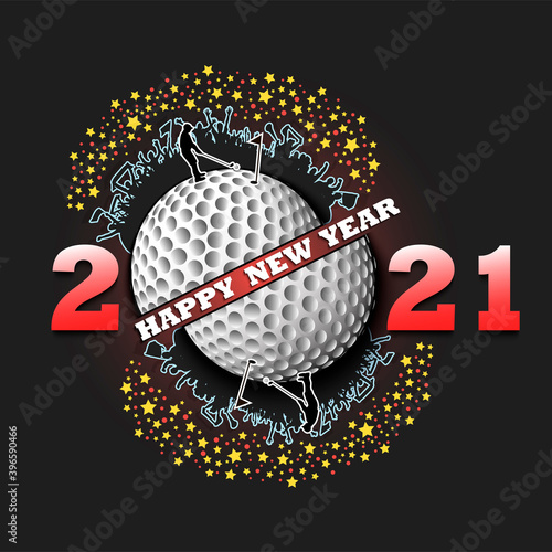 Happy new year 2021 and golf ball with player and fans. Creative design pattern for greeting card, banner, poster, flyer, party invitation. Vector illustration