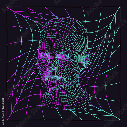 Silhouette of 3d low poly human head. Illustration in retrofuturistic style of 80's-90's years, vaporwave and synthwave bold brutal aesthetics.