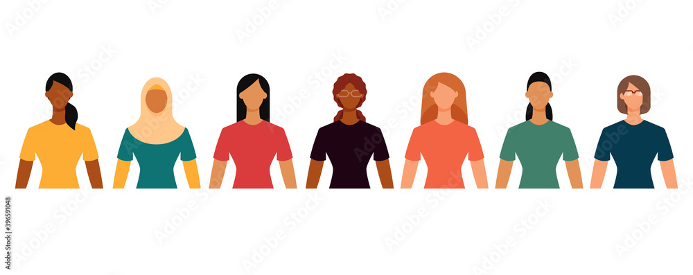 Group of diverse female students in casual clothes. Minimal faceless characters icon. Flat design vector illustration isolated on white. Group of diverse female students in casual clothes. Minimal faceless characters icon. Flat design vector illustration isolated on white.