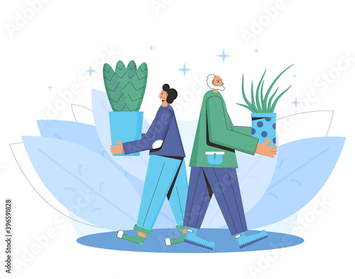 Plant lover. Man with indor flower pot. Vector