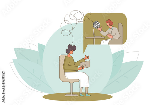 Online stress therapy scene. Color vector flat.