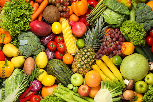 Assortment of organic fresh fruits and vegetables as background  closeup